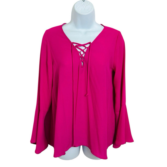 Nordstrom Eclair Fuchsia Blouse Sz Small Bell Sleeves Laced V-Neck Top Chiffon - Picture 4 of 8